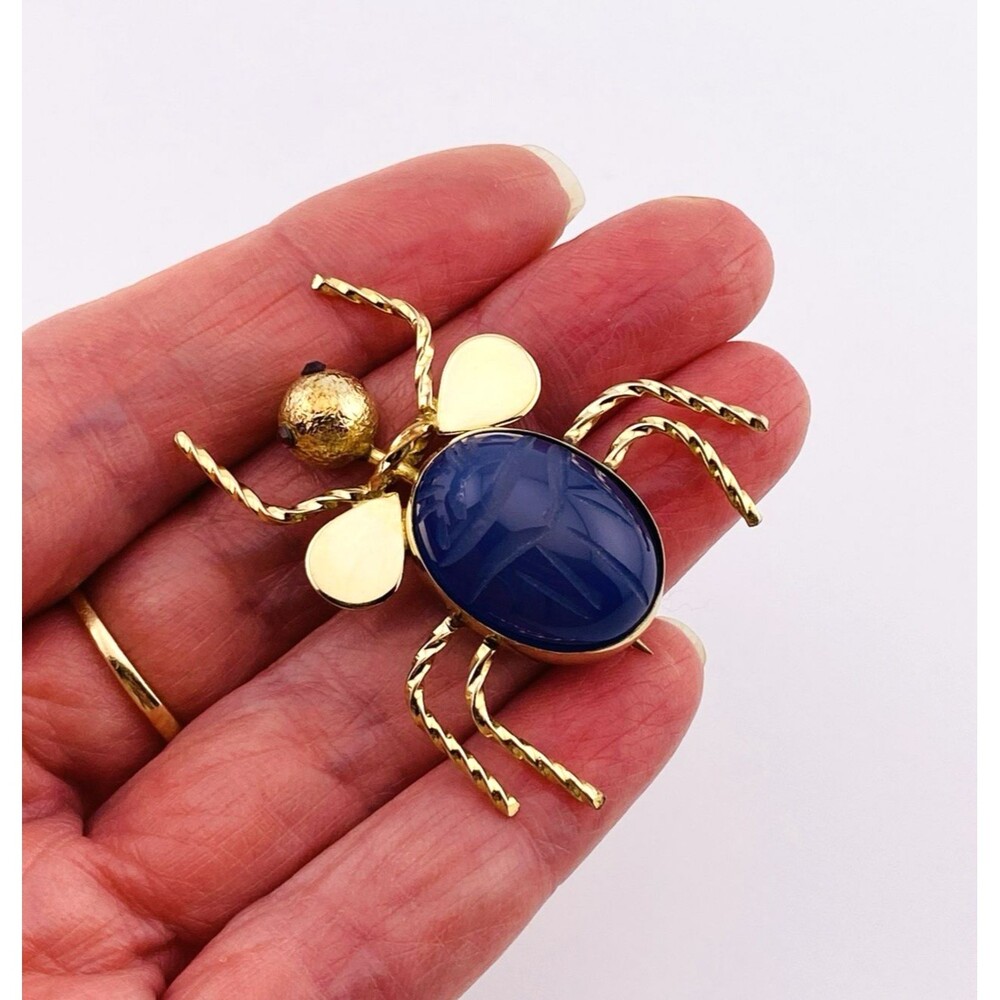 Vintage Gold Filled Bug Bee Brooch Blue Onyx Scarab Red Eyes Admark 12K GF